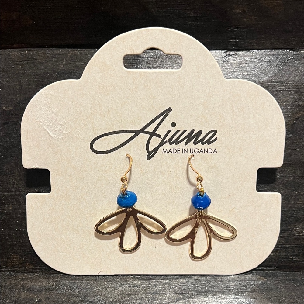 Gold Drop Earrings with Bright Blue Bead